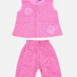 Pink/Watermelon Pink Printed Cotton Pant Top Set